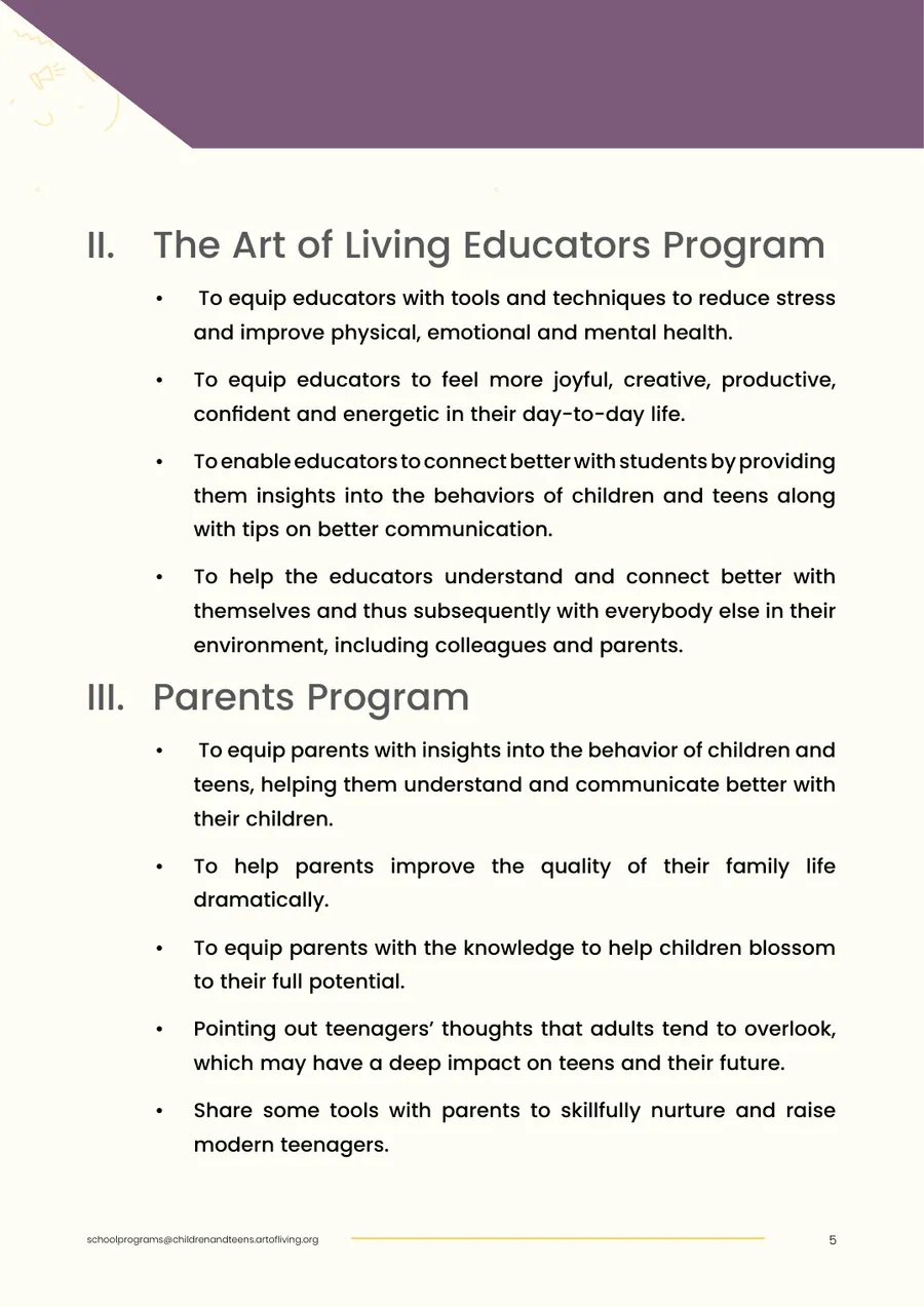 Proposal page 7: Program objectives for educators and parents