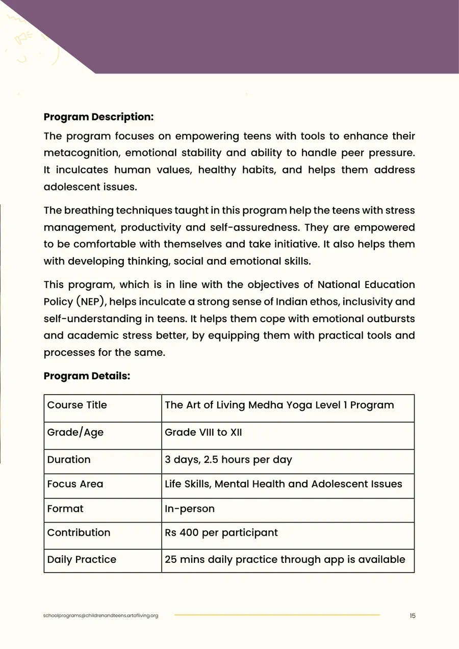 Proposal page 17: Medha Yoga Level 1 program description and details