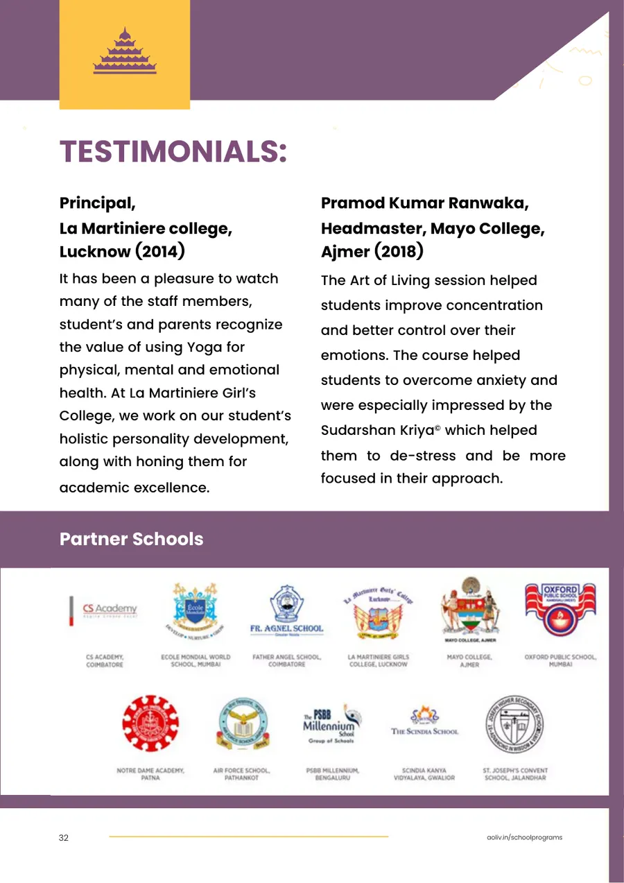 Proposal page 34: Testimonials and partner schools